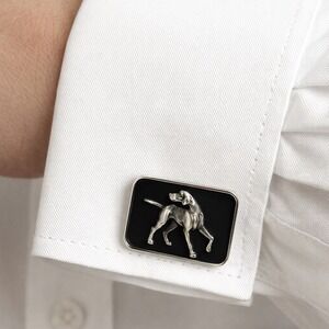 Silver Tone Hunting Dog Pointer Black Enamel Rectangular Cufflinks Mens Jewelry